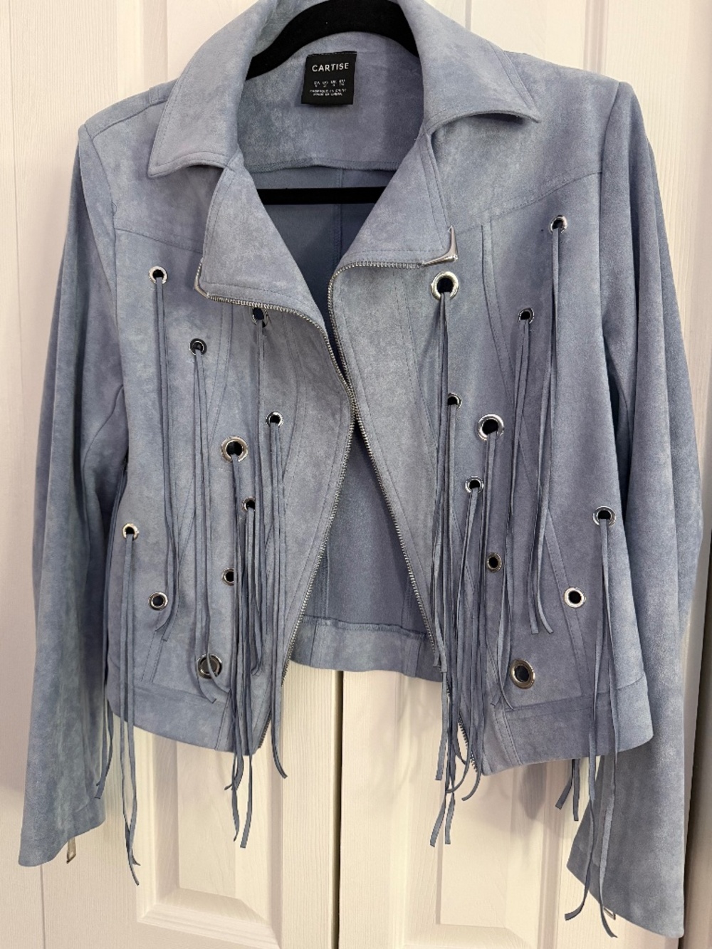 Cartise Sky Blue Faux Suede Jacket with Grommets and Fringe